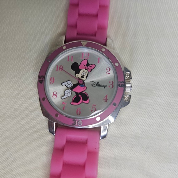Disney Other - Disney Minnie Mouse Kids Watch Pink Silicone Strap Accutime MN1046 Silver Dial